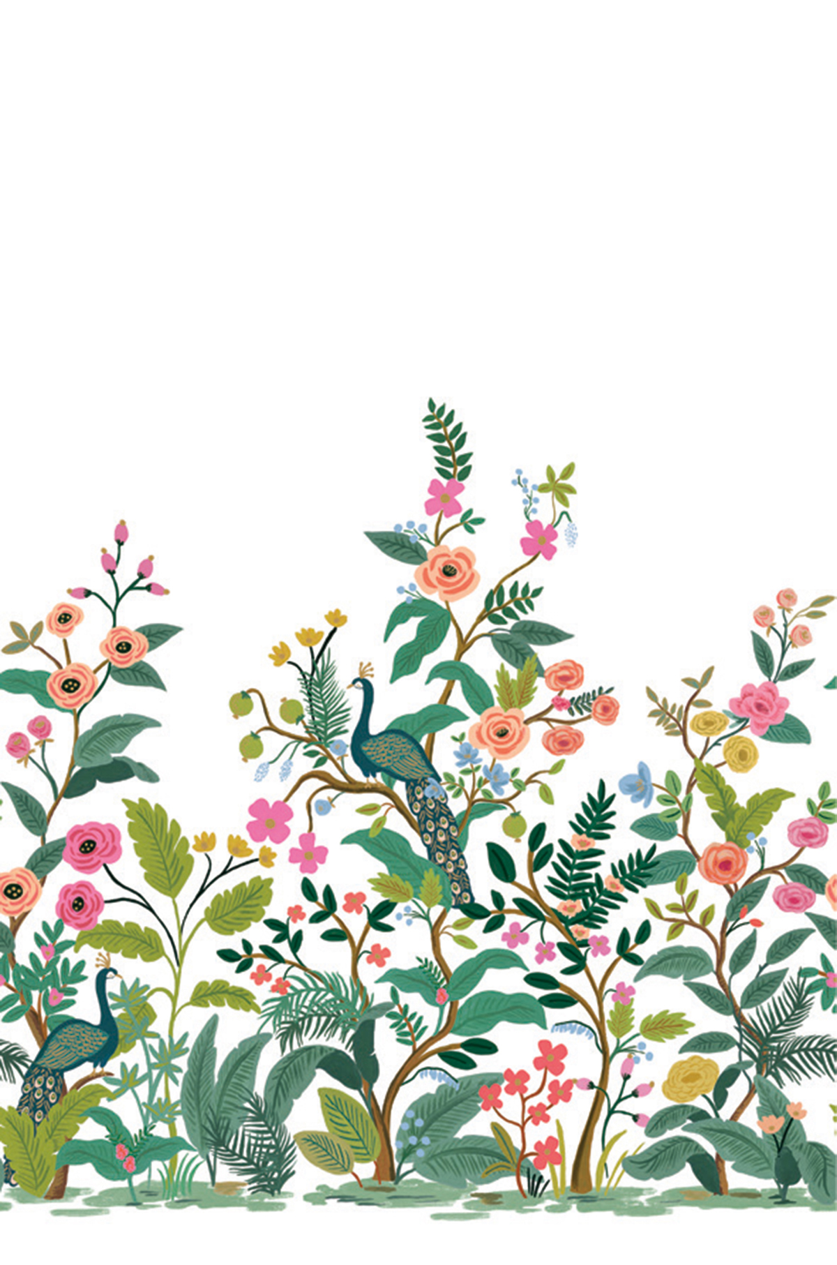 Papier peint panoramique Fleur Peacock multicouleurs blanc - Rifle Paper Co. 3 de York (Initiales) | Réf. INI-RP7397M