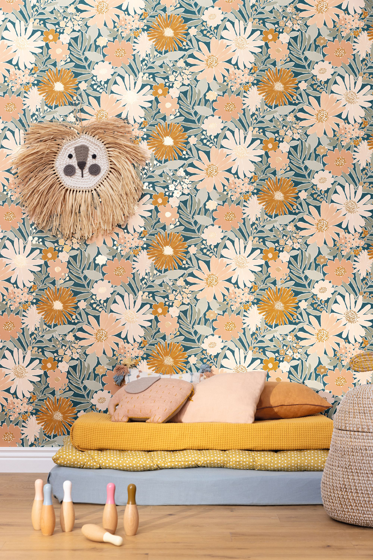 Papier peint Marguerite Fleur moutarde bleu canard - Let's Go Girls! de Casélio | Réf. LGG104436498