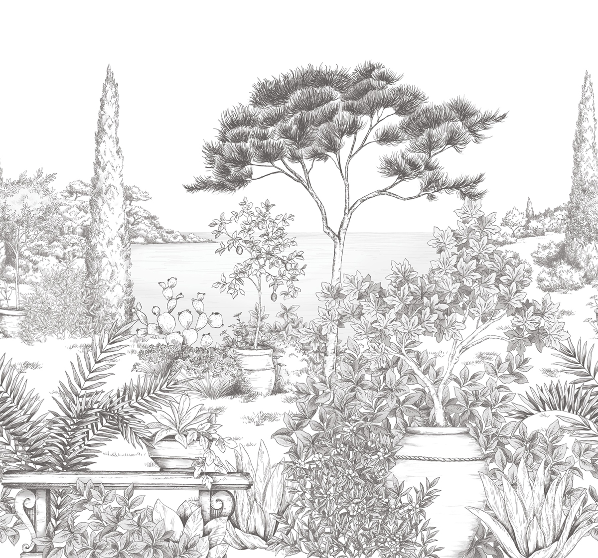 Papier peint panoramique Gravure A l'Ombre des Pins M noir blanc 300X280 - Wonderwalls 2 de Casadéco | Réf. WDWD200019808