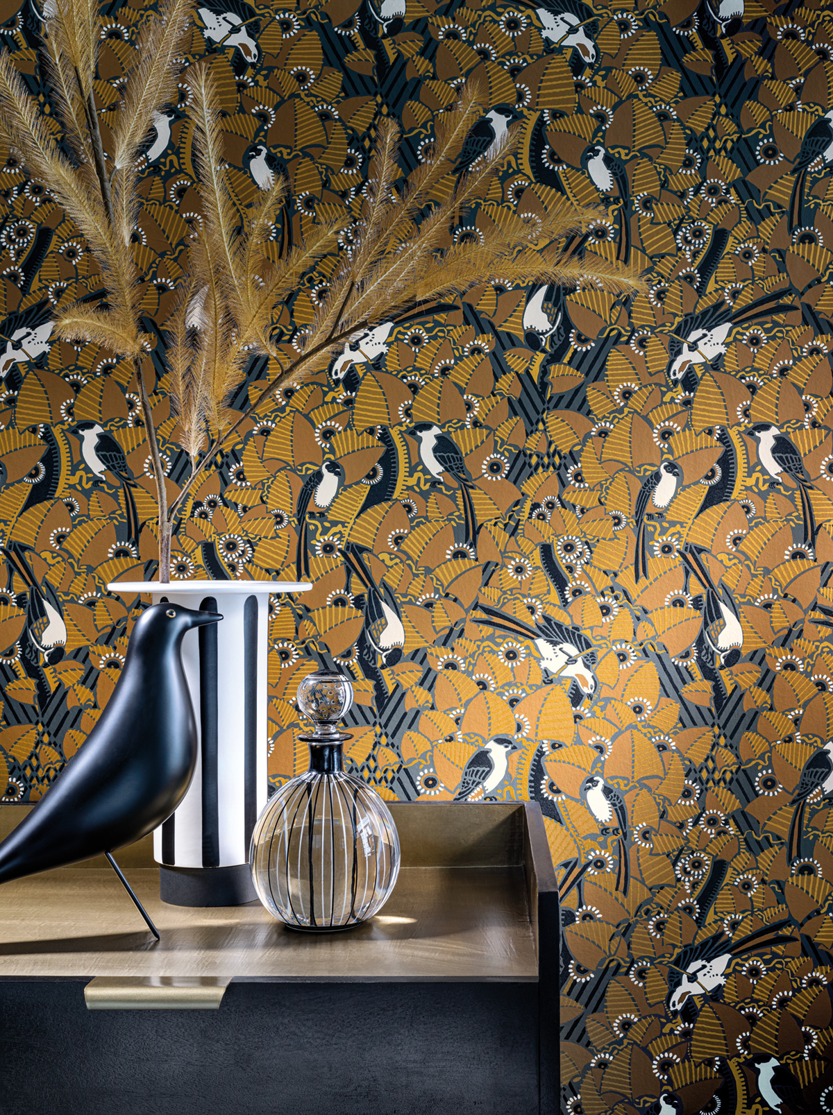 Papier peint Oiseau Majoliques anthracite doré - Printemps Viennois de Casamance | AMB Réf. CAS-74782774