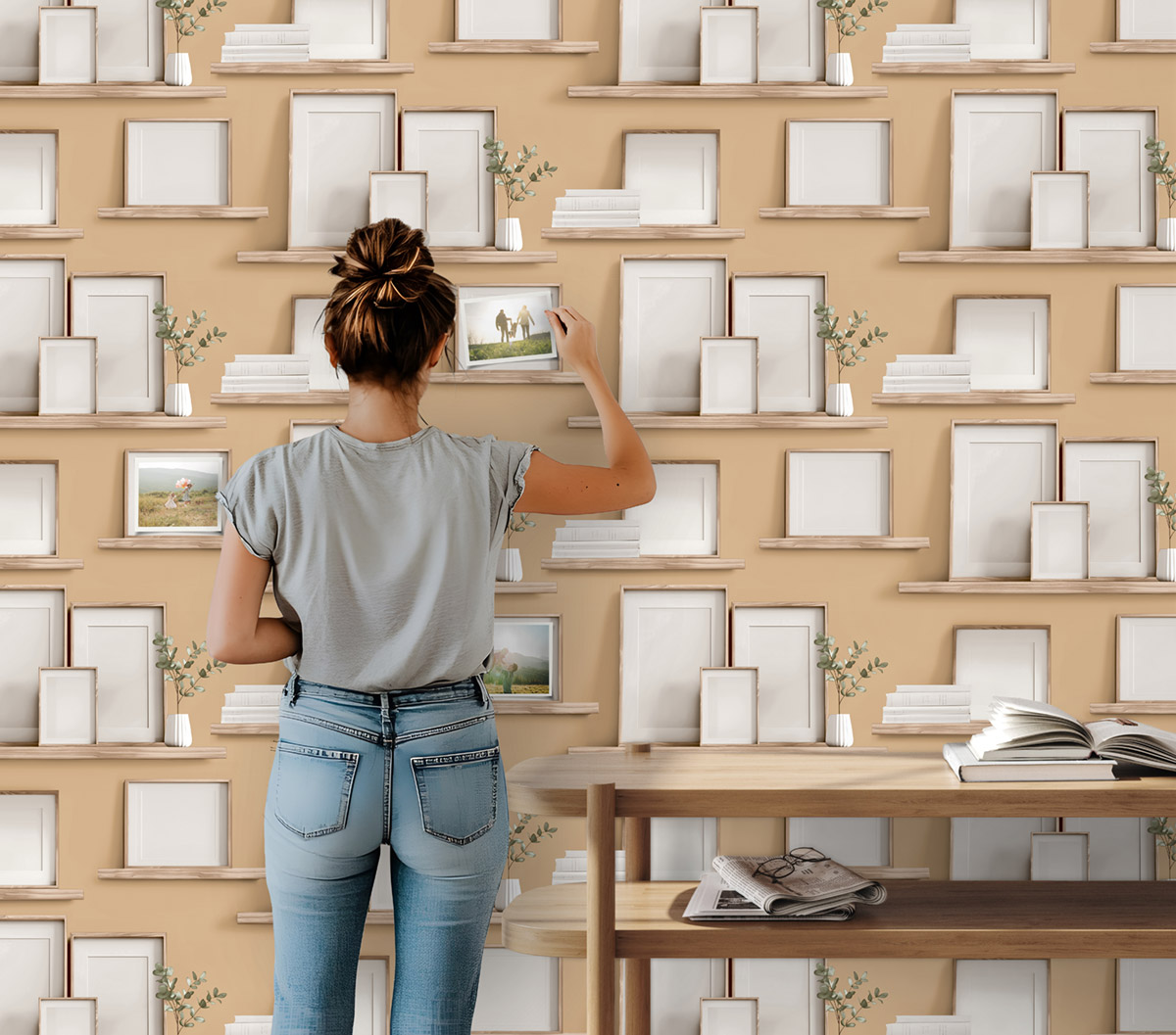 Papier Peint Étagère Cadre Photo camel - Illusion d'Ugépa | Réf. UGP-M89202