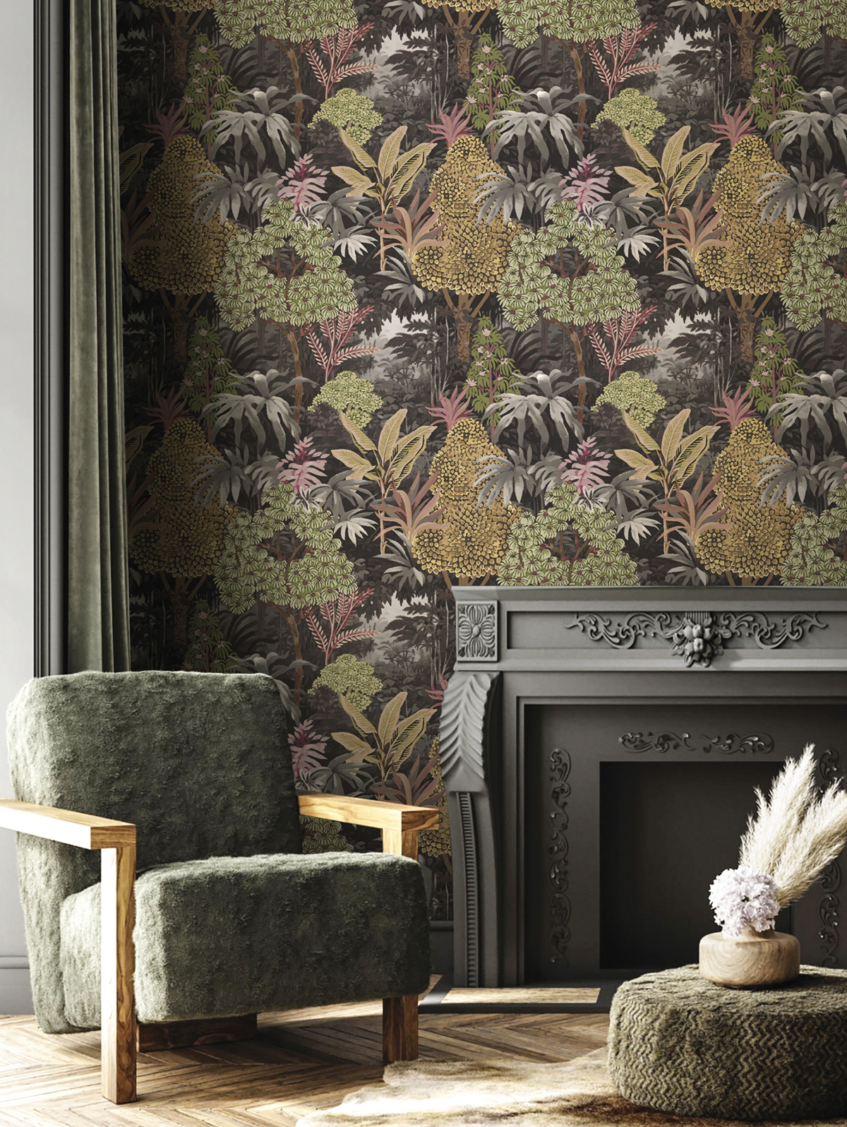 Papier peint Feuillage Artémis gris vert doré - Maison Paradis de Lutèce | Réf. LTC-MP15503
