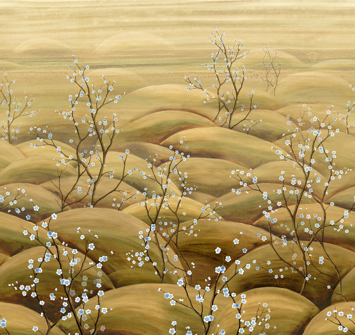 Papier peint panoramique Paysage Floral Japonais Sakura ocre - A, B et C H300 - Traces de Masureel | Réf. MAS-DGTRA502X-300