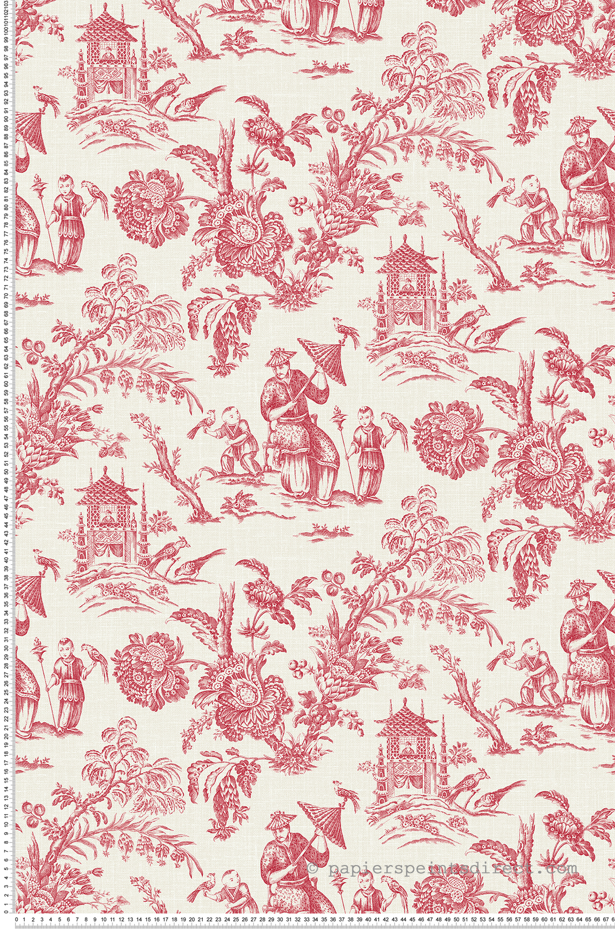 Papier peint Toile de Jouy Chinoiserie rouge écru - French Country d'Initiales | Réf. INI-FC61801