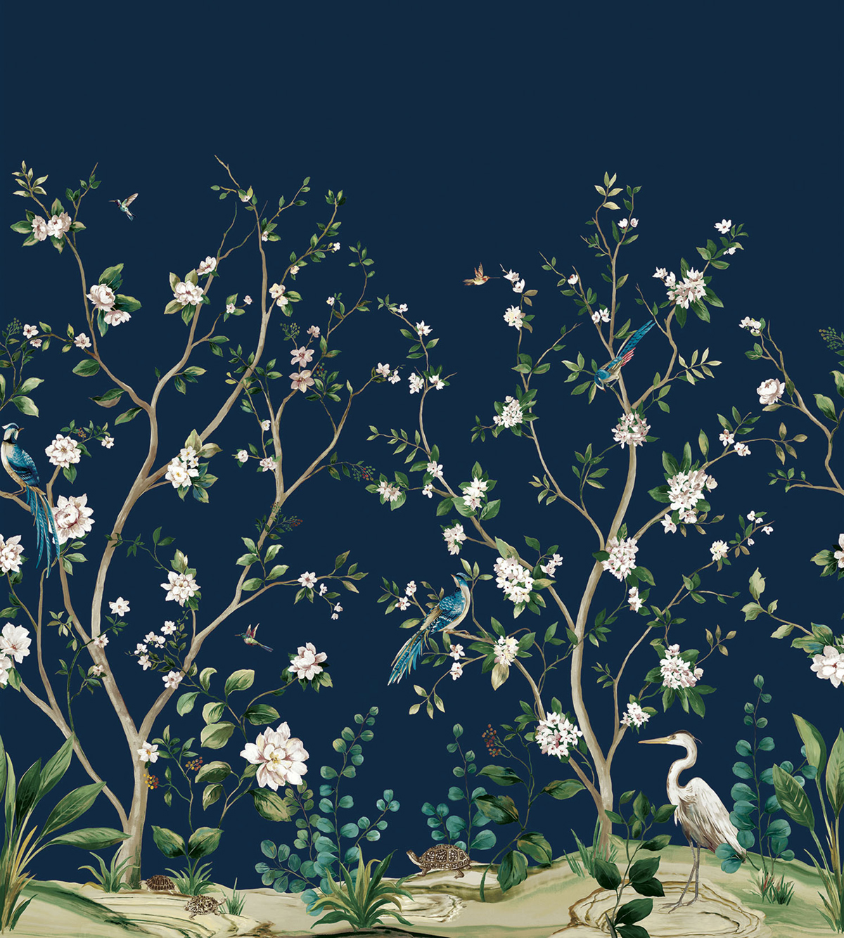 Papier peint panoramique Héron Botanique bleu marine - Daisy Bennett d'Initiales | Réf. INI-DB30112M