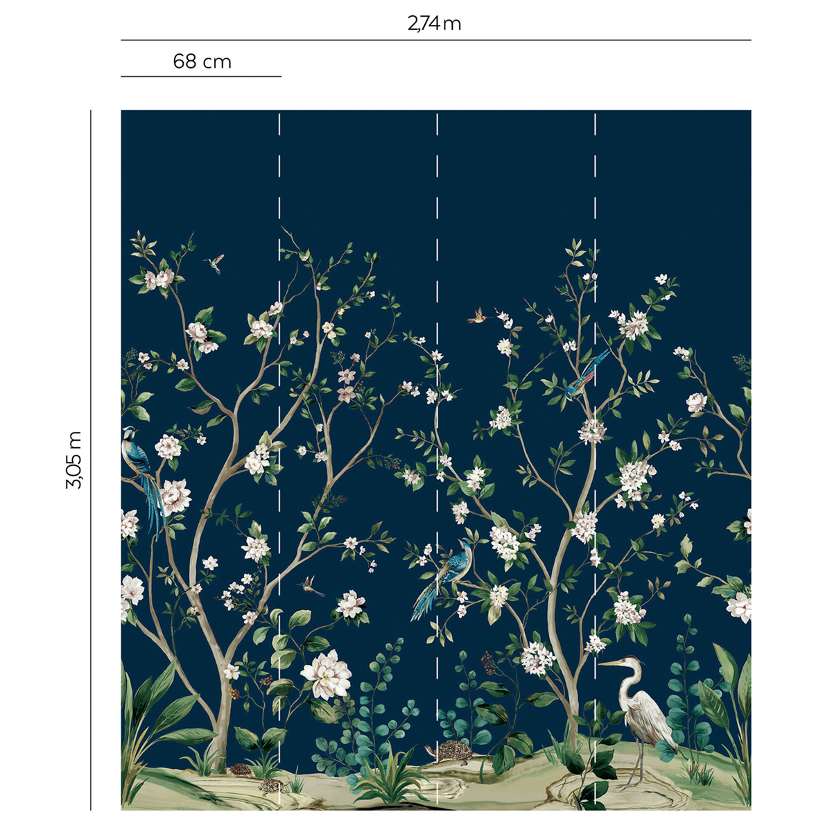 Papier peint panoramique Héron Botanique bleu marine - Daisy Bennett d'Initiales AMBR | Réf. INI-DB30112M