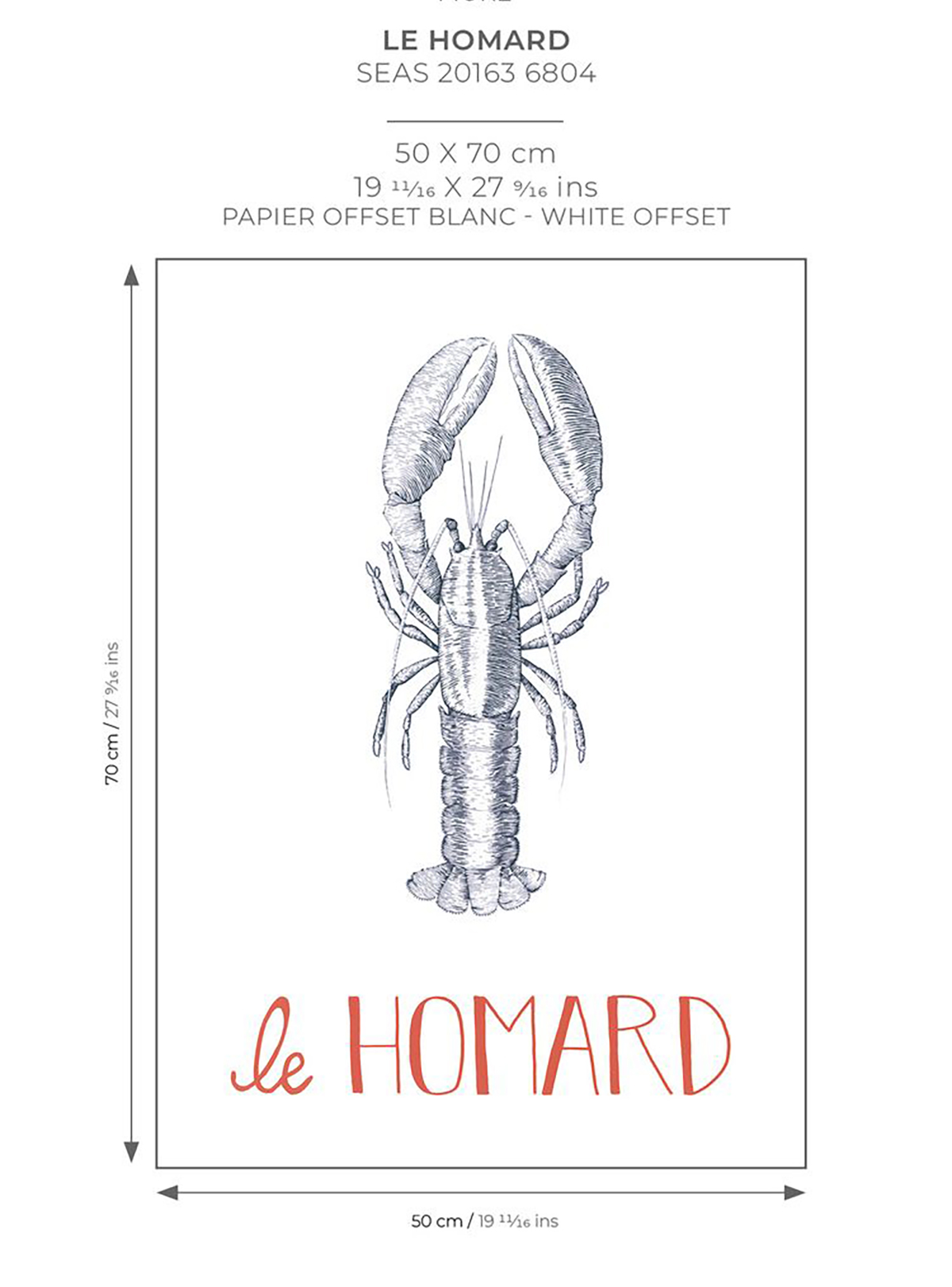 Affiche Homard Croquis 50x70 bleu marine - Seaside de Casadéco AMB7 | Réf. SEAS201636804