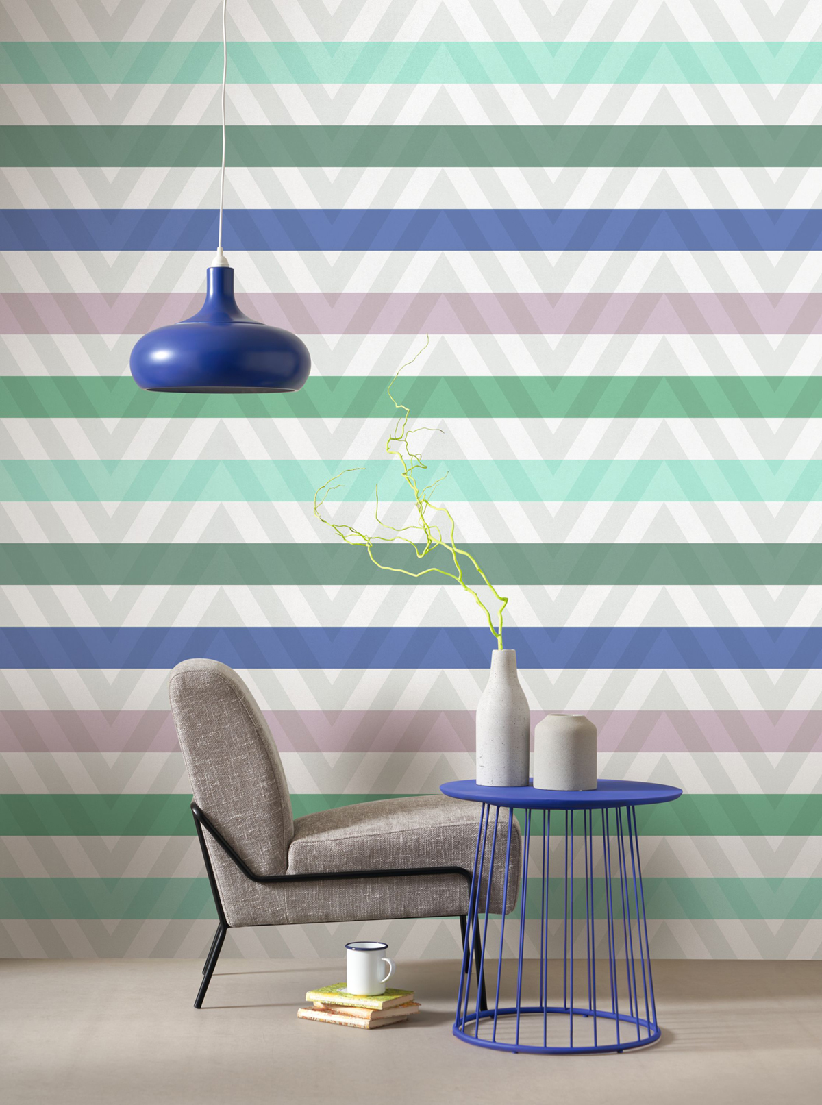 Papier peint Rayures Chevron Rythmic bleu vert - Milano Sixties de Casadéco | Réf. MISI89367222