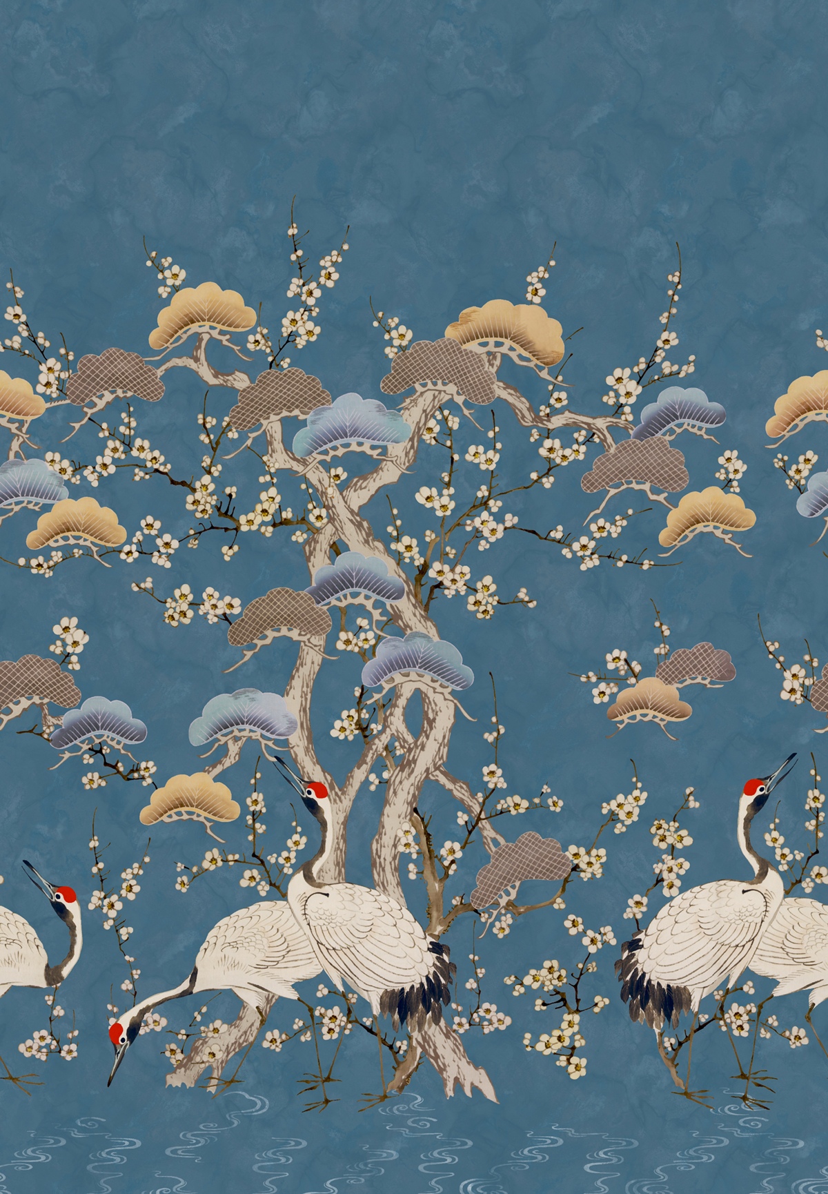 Papier peint panoramique Oiseau Grue Kyoto Blossom bleu foncé - V&A Decorative Papers d'Initiales | Réf. INI-31117401