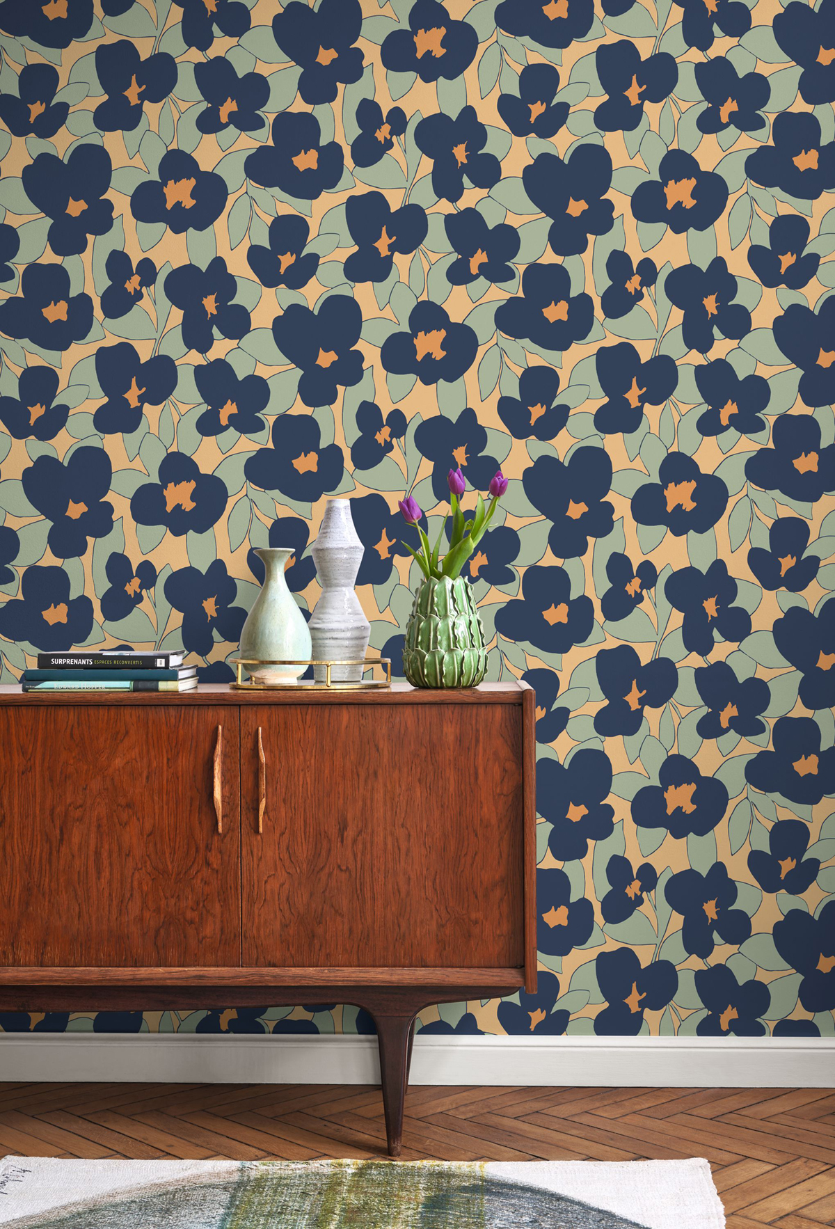 Papier peint 70s Flower Power bleu marine irisé - Iconic de Casadéco | Réf. CONI88393101