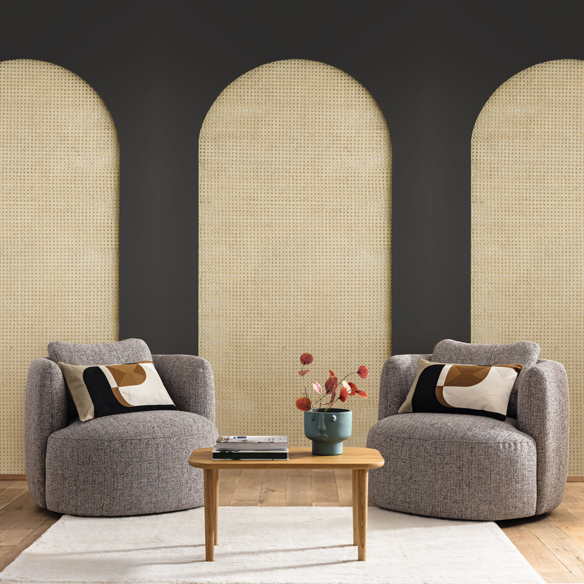 Papier peint panoramique Arche Cannage en Rotin anthracite L 159X310 - Reliefs de Casélio | Réf. RLF106209036