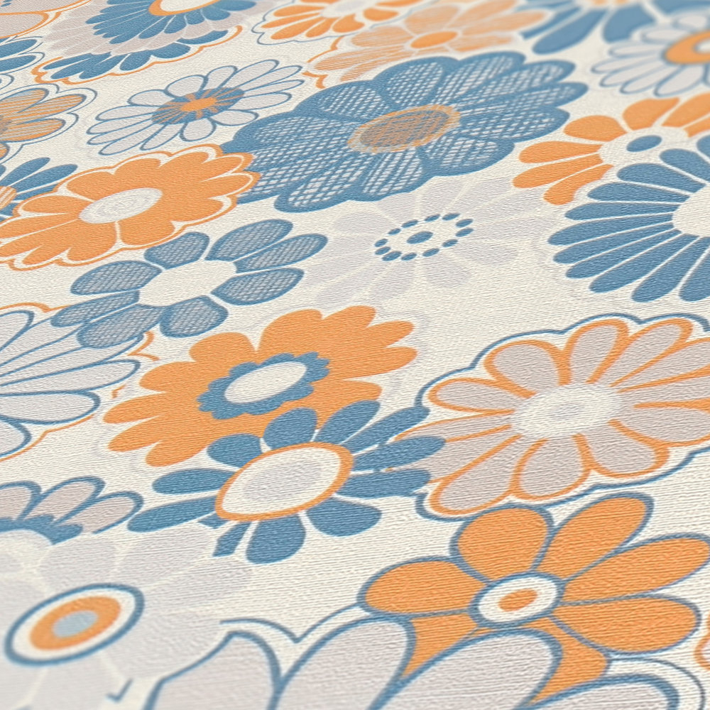 Papier peint Marguerite Vintage bleu orange gris - Retro Chic d'A.S. Création AMB4 | Réf. AS-395352