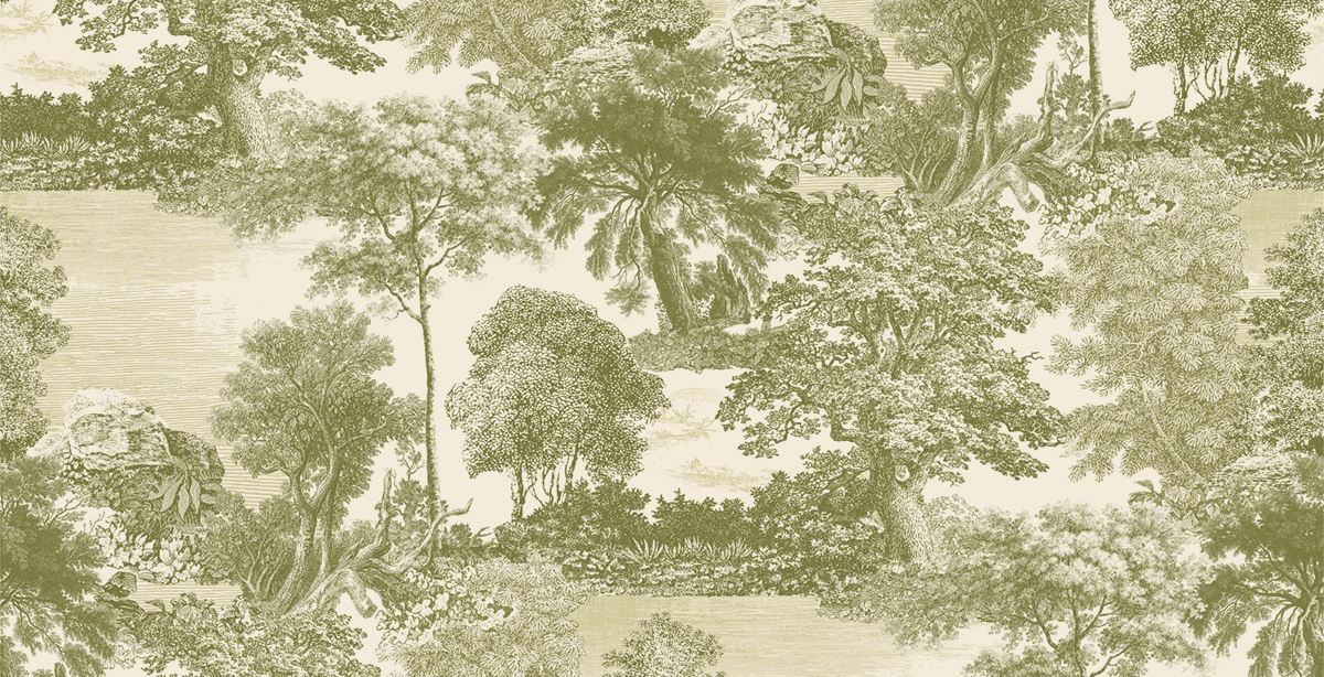 Papier peint panoramique Toile de Jouy Salcey vert olive - A, B, C et D H260 - Amazone de Masureel | Réf. MAS-DGSAL103X-260