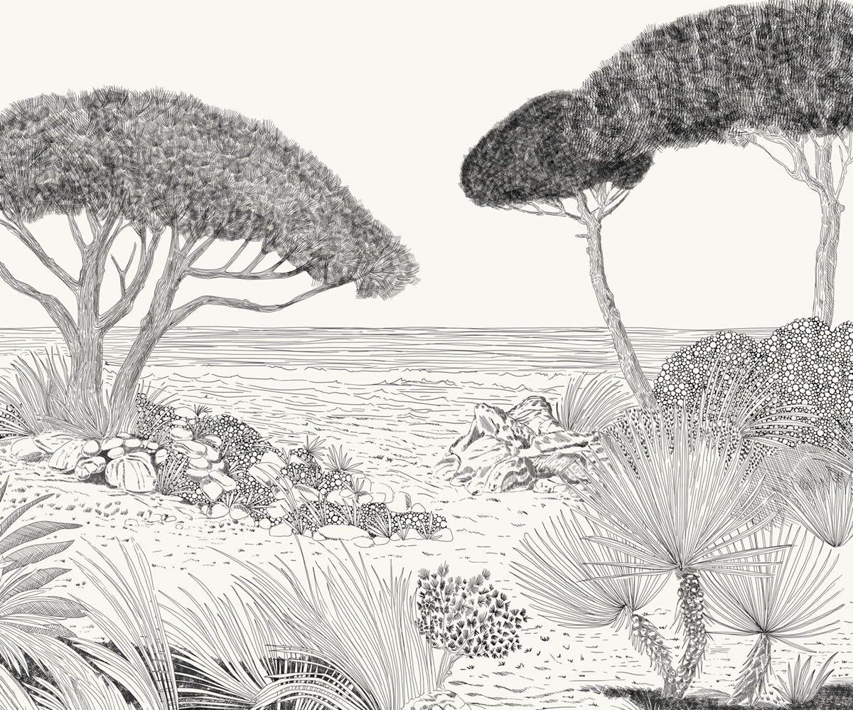 Papier peint panoramique Paysage Méditerranéen noir blanc - Seasons de Komar