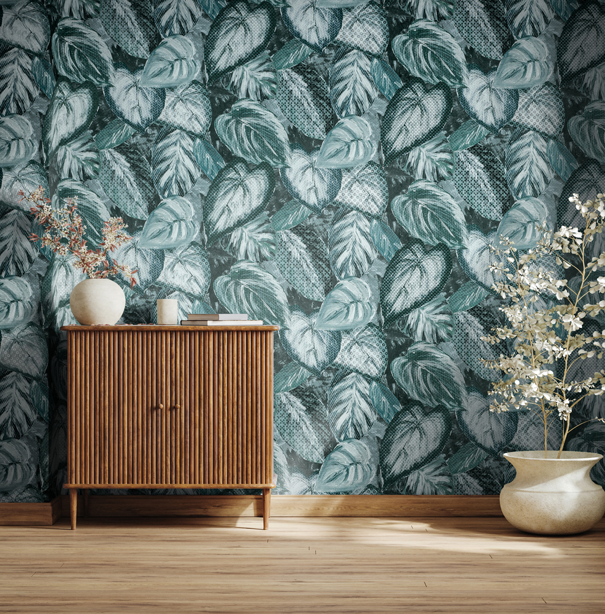 Papier peint Feuille Billes de Verre bleu canard - Ornata de Montecolino | Réf. MC-81345