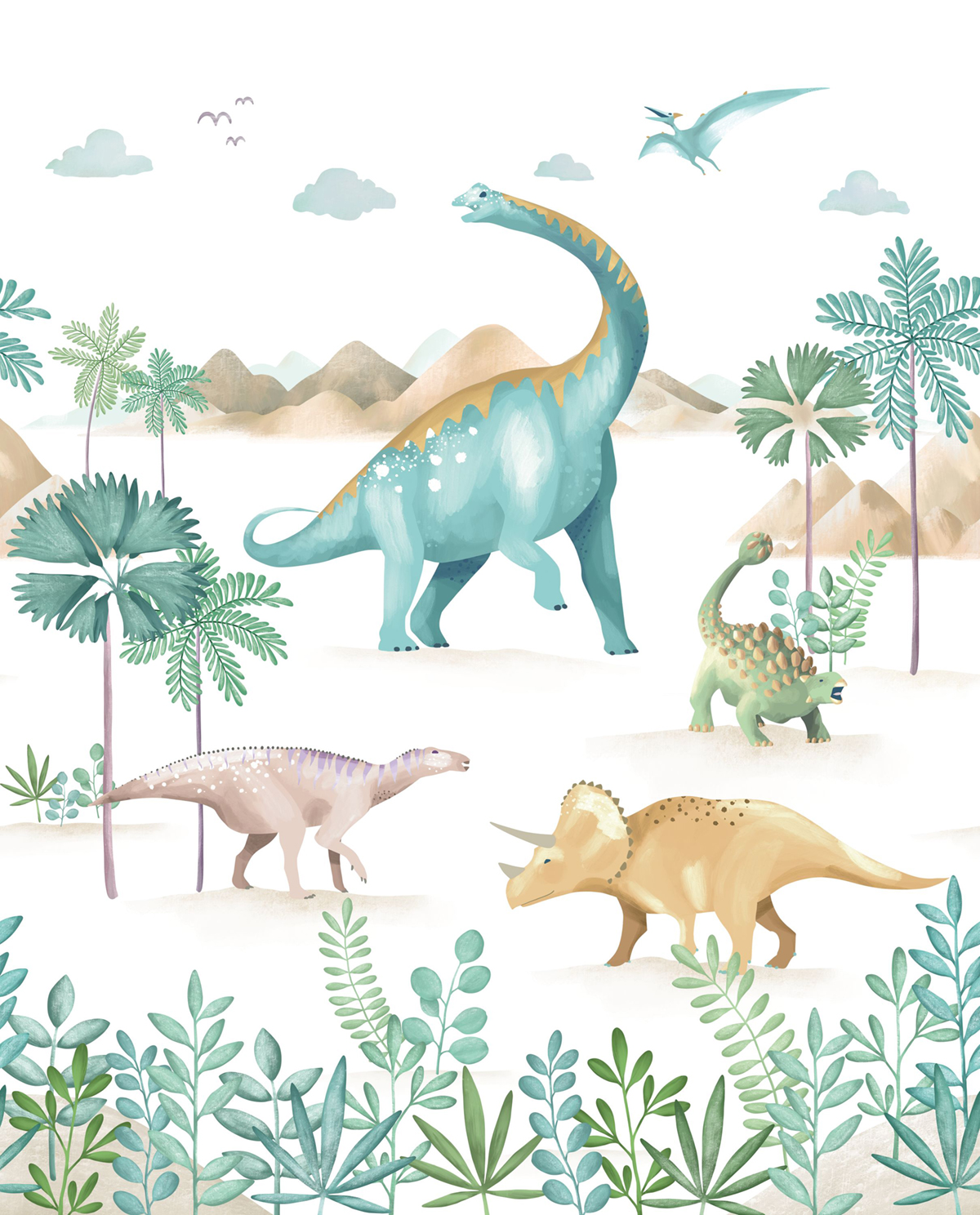 Papier peint panoramique Monde des Dinosaures vert L 250X310 - Les Minis Mondes de Casélio | Réf. MNM105774502