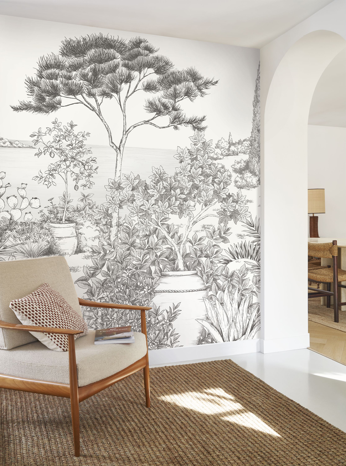 Papier peint panoramique Gravure A l'Ombre des Pins M noir blanc 300X280 - Wonderwalls 2 de Casadéco | Réf. WDWD200019808