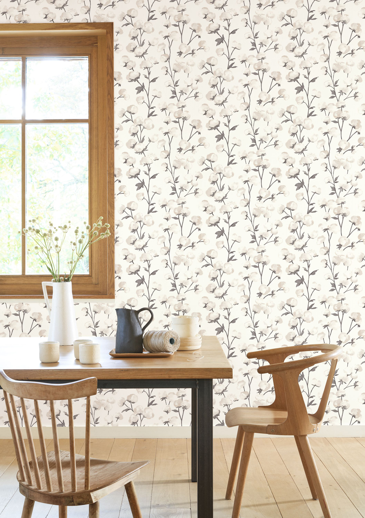 Papier peint Fleur de Coton gris fusain - Soliflore de Casadéco | Réf. SOLI200290909