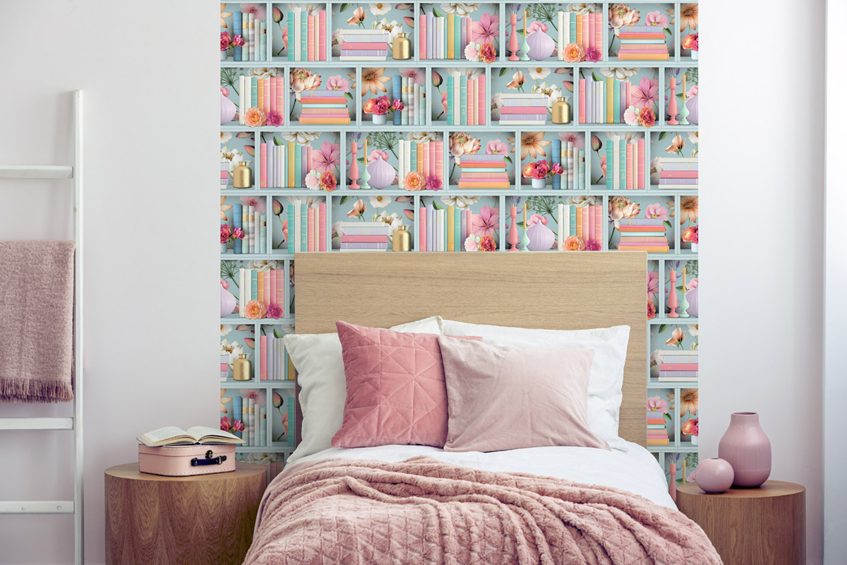 Papier Peint Bibliothèque Étagère Florale bleu doux - Illusion d'Ugépa | Réf. UGP-M89001
