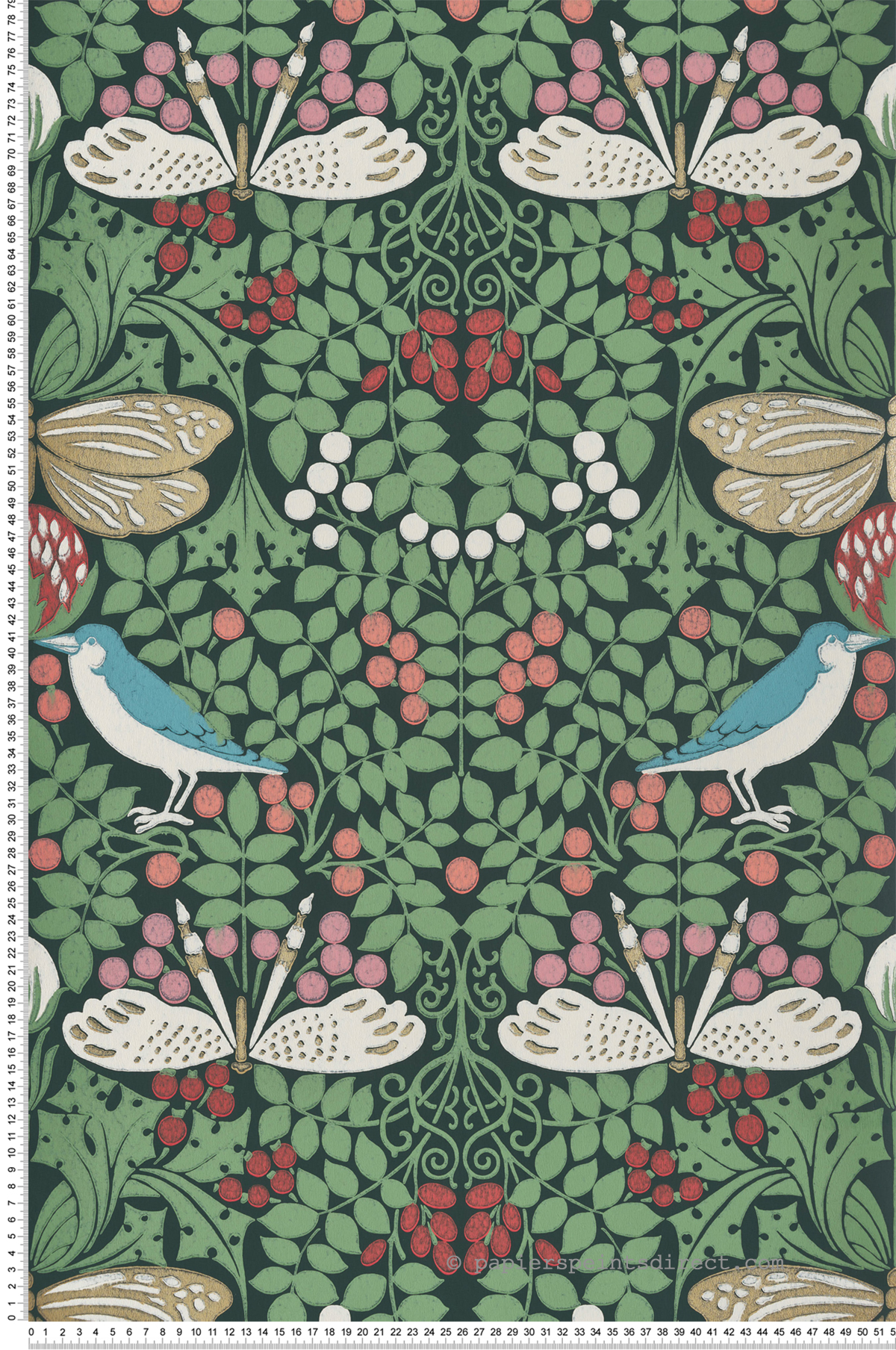 Papier peint Jardin aux Papillons rouge vert forêt - Arts & Crafts d'Initiales | Réf. INI-AC9161