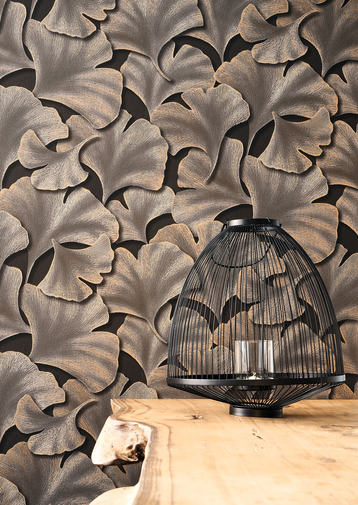 Papier peint Feuille Gingko Biloba noir et doré - Gingko de Casadéco | Réf. GINK86249404
