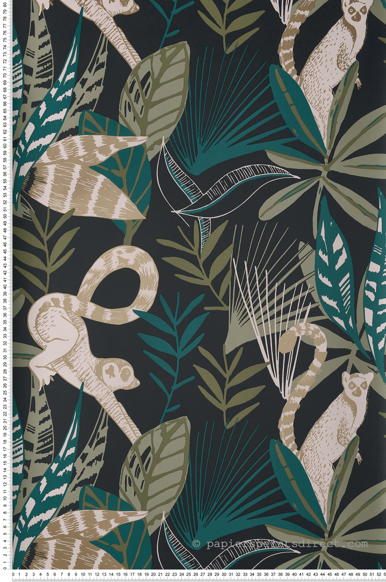 Papier peint Lémurien jungle Madagascar noir/vert/doré - L'odyssée de Casélio | Réf. OYS101407922