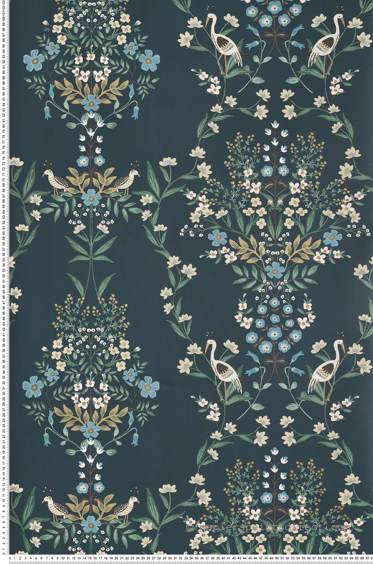 Papier peint Oiseau Grue Luxembourg bleu pétrole - Rifle Paper Co. 2 de York (Initiales) | Réf. INI-RP7331