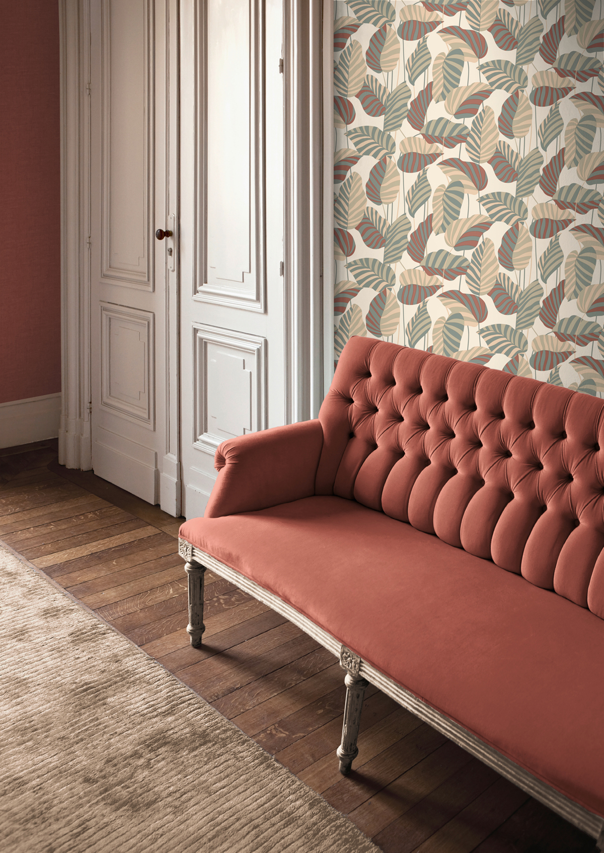 Papier peint Feuille Graphique vert terracotta doré - Antigua d'A.S. Création | Réf. SP15943