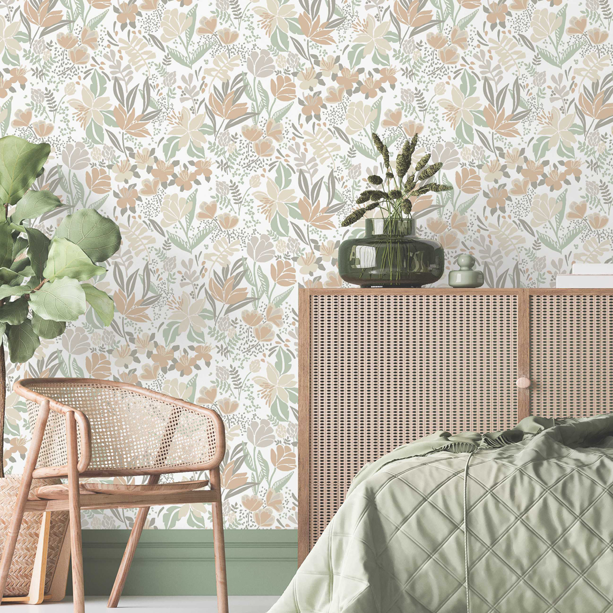 Papier peint Fleurs Graphiques grège vert - Poésie de Lutèce | Réf. LTC-51253517