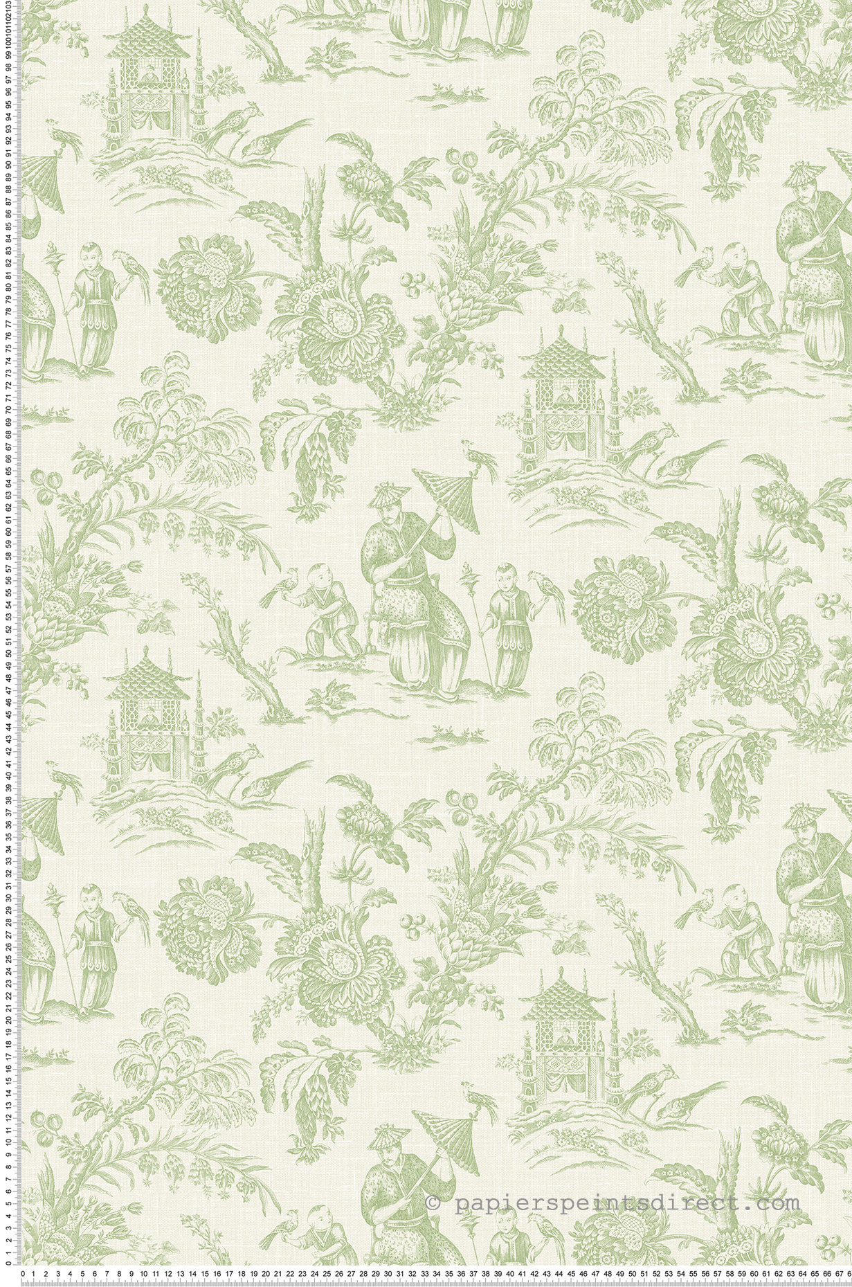 Papier peint Toile de Jouy Chinoiserie vert écru - French Country d'Initiales | Réf. INI-FC61804