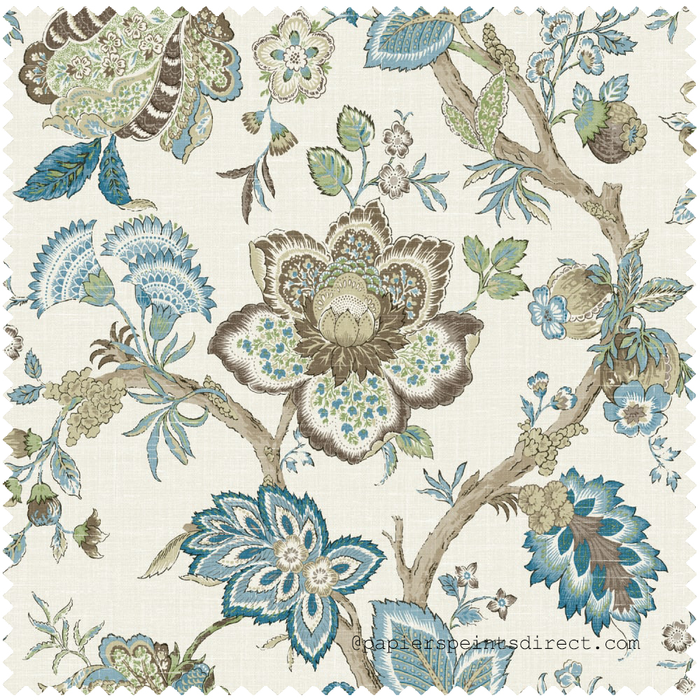 Tissu Fleur Bernadette Ramage Botanique marron vert bleu - French Country d'Initiales | Réf. INI-FC62606F