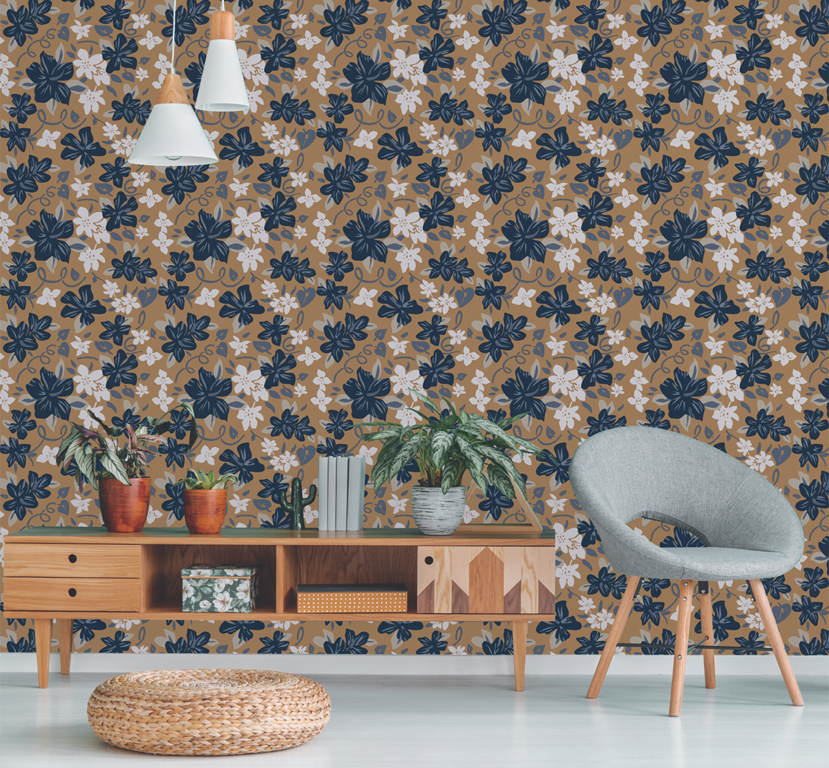 Papier peint Fleur Hawai bleu noisette - Bensimon 2 de Lutèce | Réf. LTC-51200711