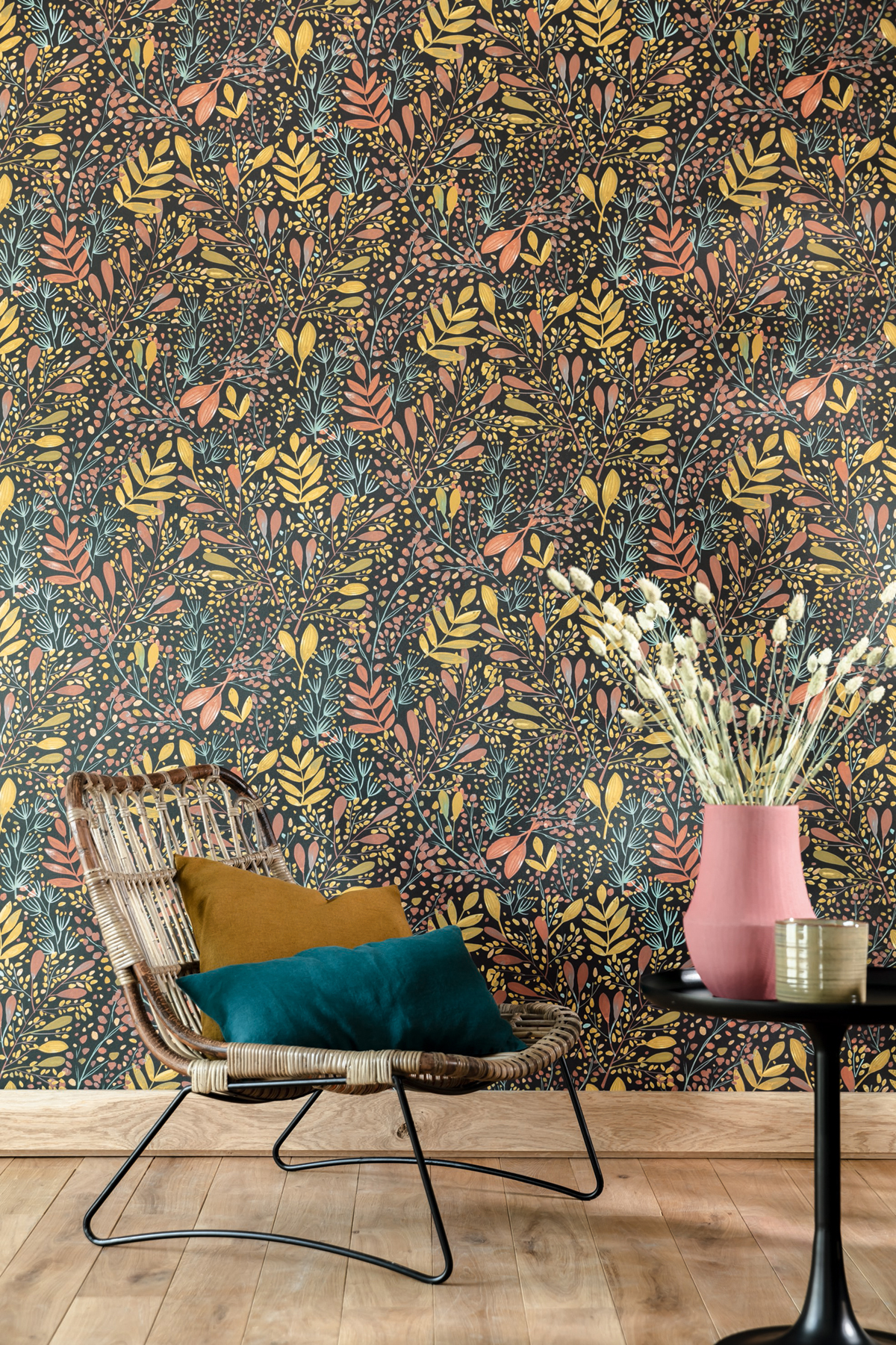 Papier peint feuilles Joy Corail/Moutarde/Noir - Green Life de Casélio | Réf. GNL101694129