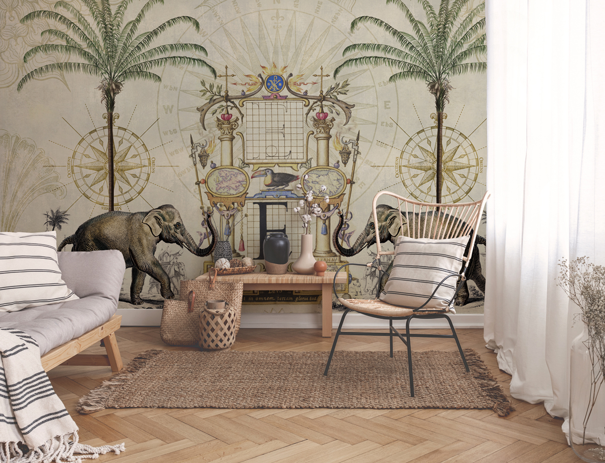 Papier peint panoramique Eléphant Palmier Nostalgic Elefant - Référence DD119737 - Intissé 200g/m2 - Standard 400 x 270