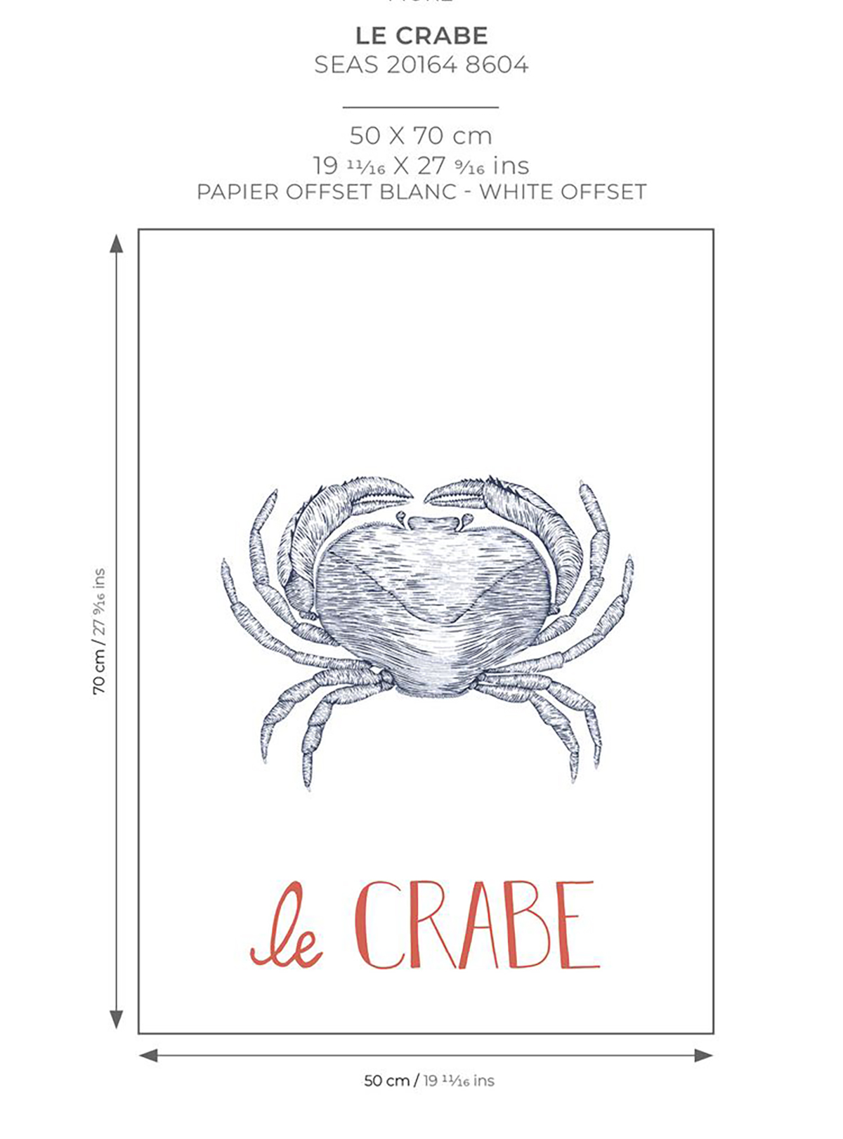 Affiche Crabe Croquis 50x70 bleu marine - Seaside de Casadéco AMB7 | Réf. SEAS201648604
