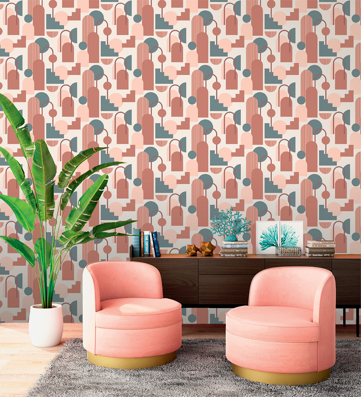 Papier peint Arche Minimaliste rose et vert - Arty de Lutèce | Réf. LTC-51210803