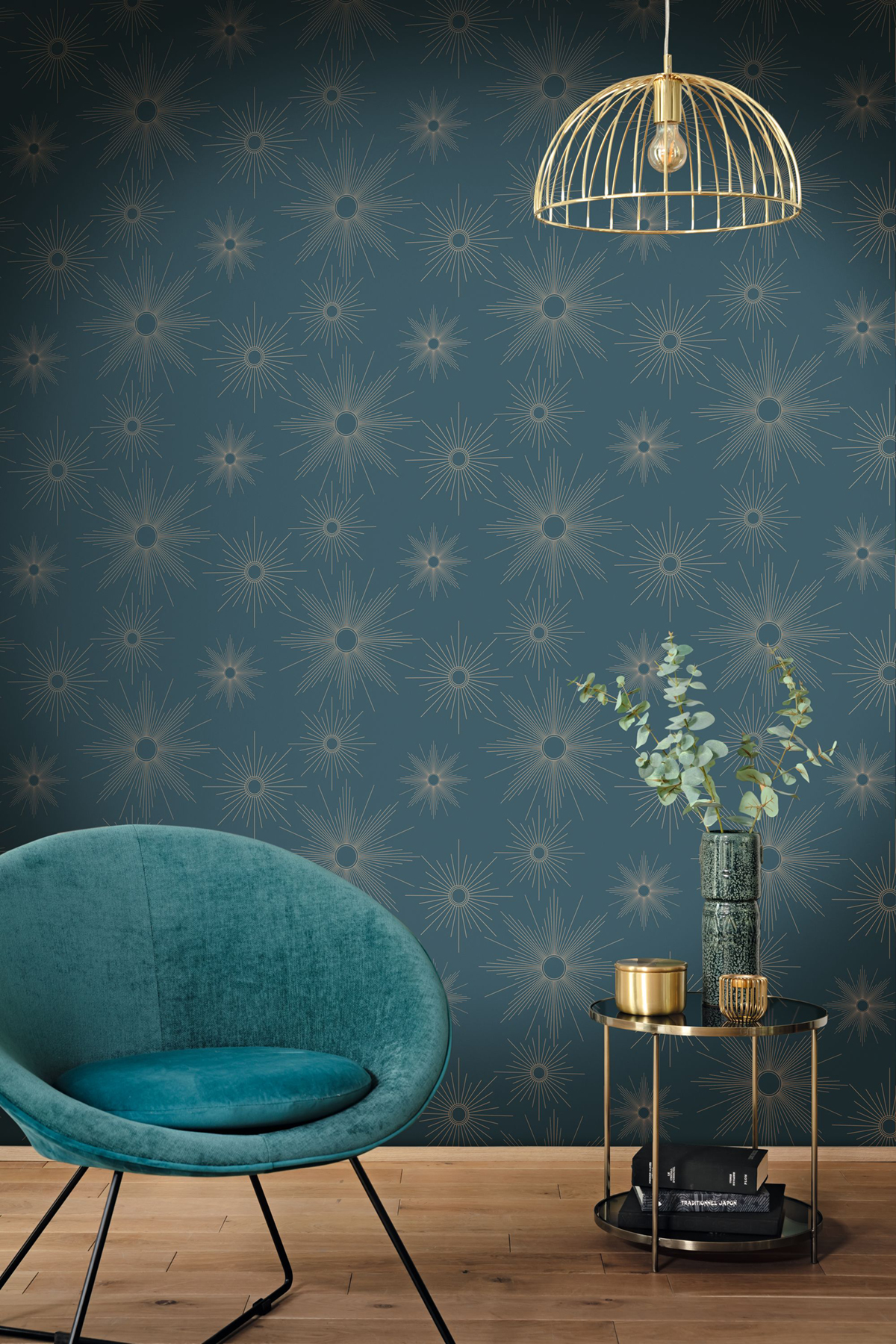 Papier peint Soleil William bleu paon doré - Golden Age de Casélio | Réf. GAG103816227