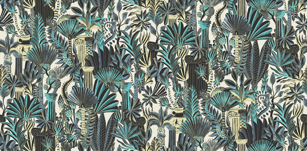 Papier peint panoramique Jungle Antique Trésor bleu paon - A, B, C, D et E H260 - Wall Designs IV de Masureel | Réf. MAS-DG4TRE102X-260