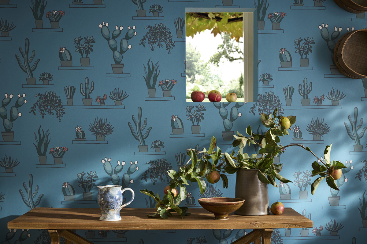 Papier peint Cactus Mr Straw's Greenhouse Air Force Blue - In The Garden de Little Greene AMB3 | Réf. 0234SGAIRFO