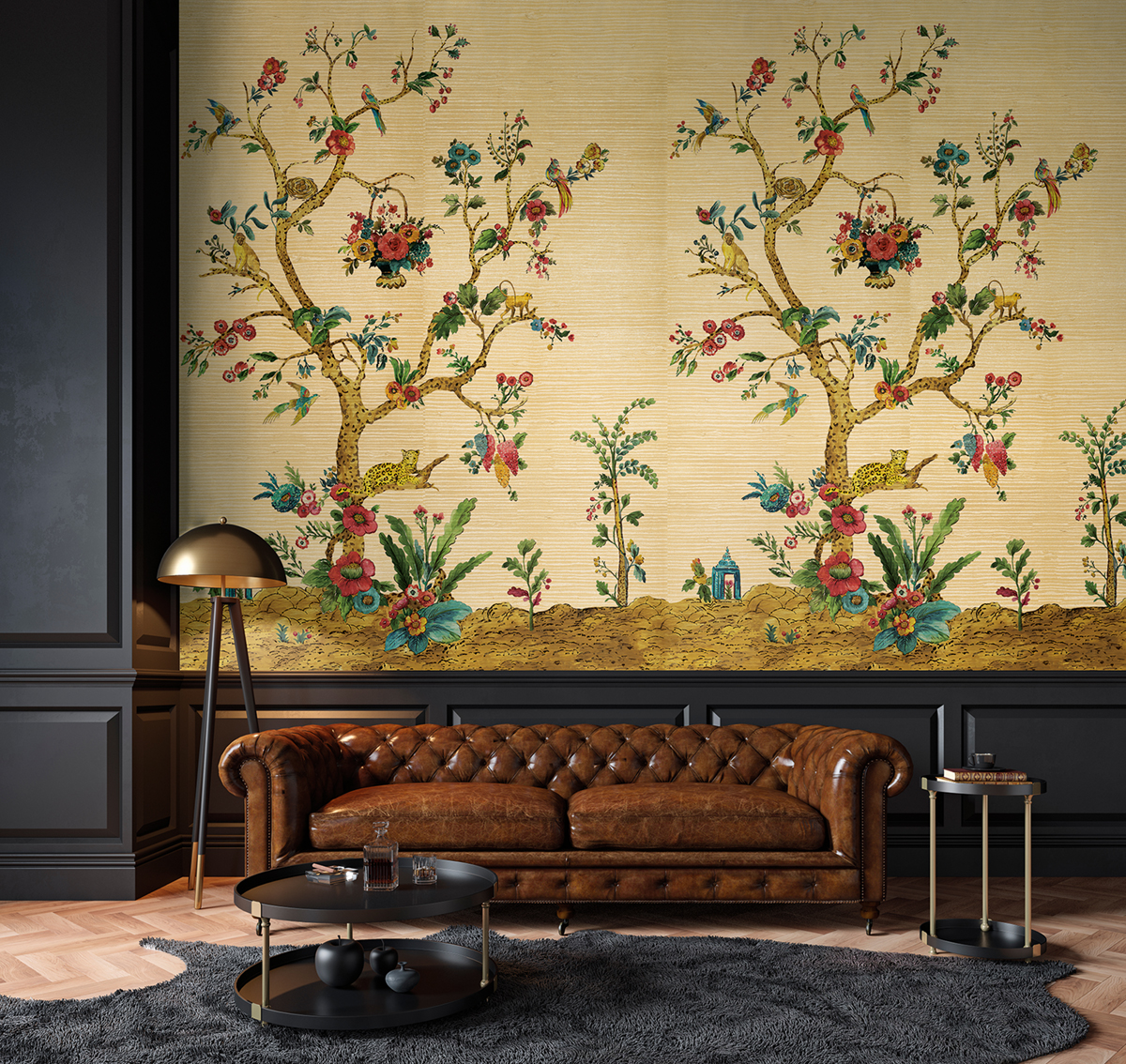 Papier peint panoramique Arbre Léopard Tanzanie Grasscloth doré - Daisy Bennett d'Initiales | Réf. INI-DB33306M