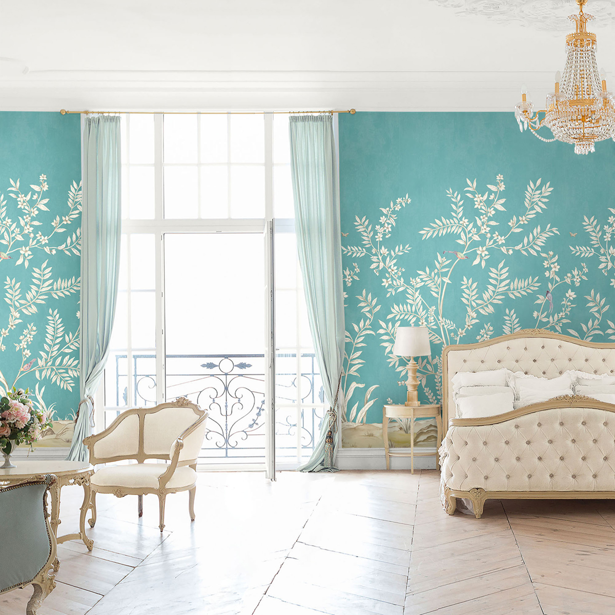Papier peint panoramique Nature Vigne bleu turquoise - Daisy Bennett d'Initiales | Réf. INI-DB30404M