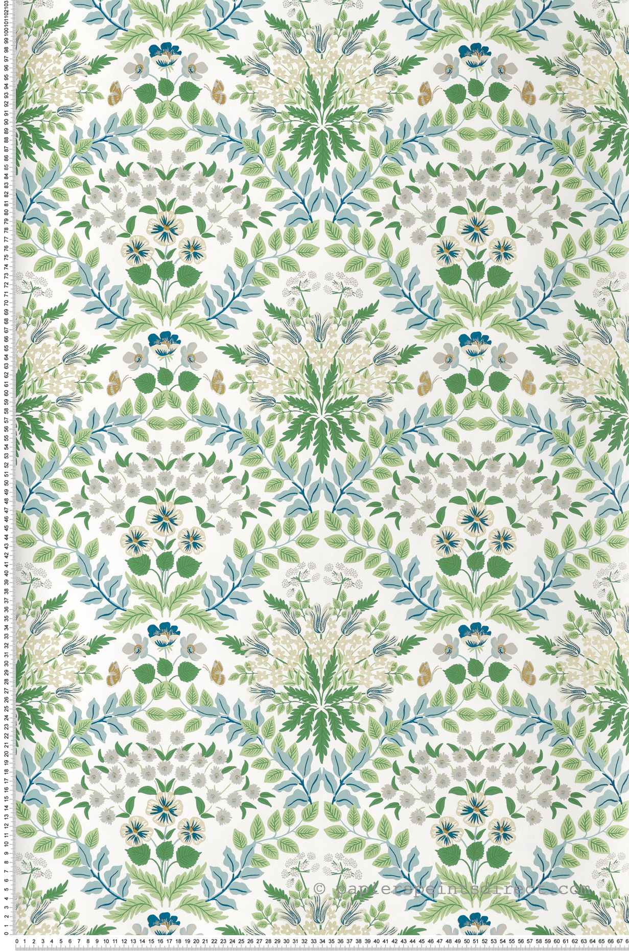 Papier peint Pensée et Fleur Sauvage vert bleu doré - Rifle Paper Co. 2 de York (Initiales) | Réf. INI-RP7323