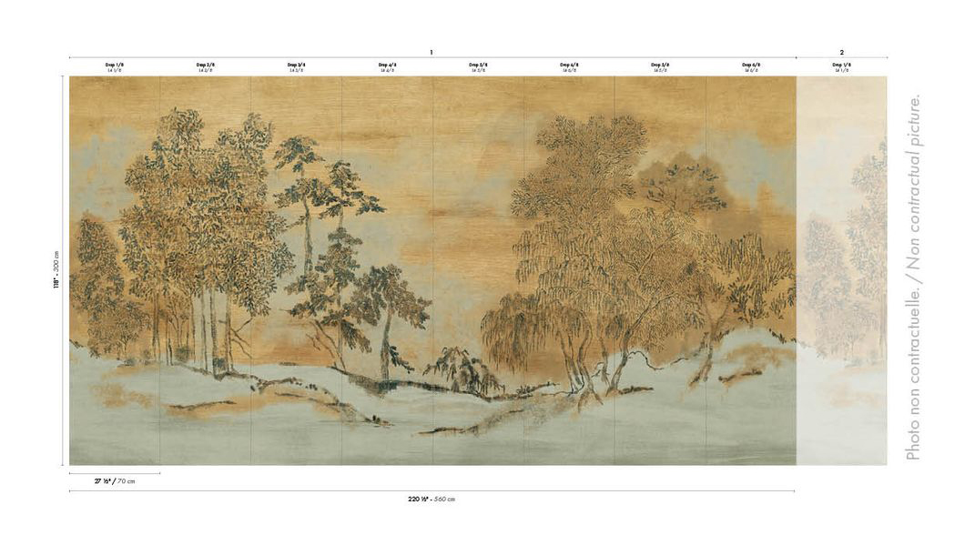 Papier peint panoramique Jardin Japonais Koraku vert sauge doré - Panoramas 4 de Casamance AMBR | Réf. CAS-76720202