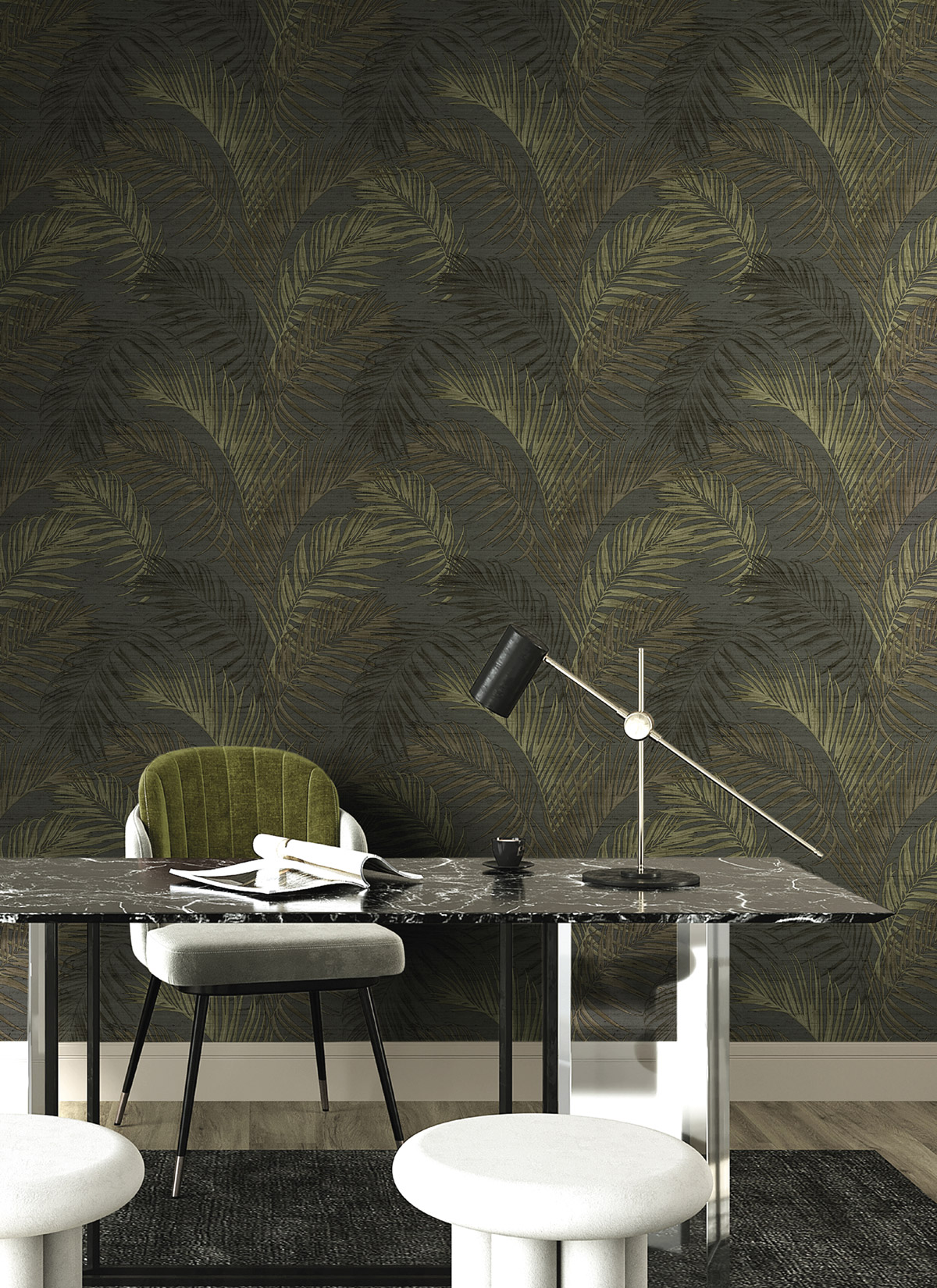 Papier peint Palmes Vintage Relief anthracite brun - Opera de Montecolino | Réf. MC-OP33319