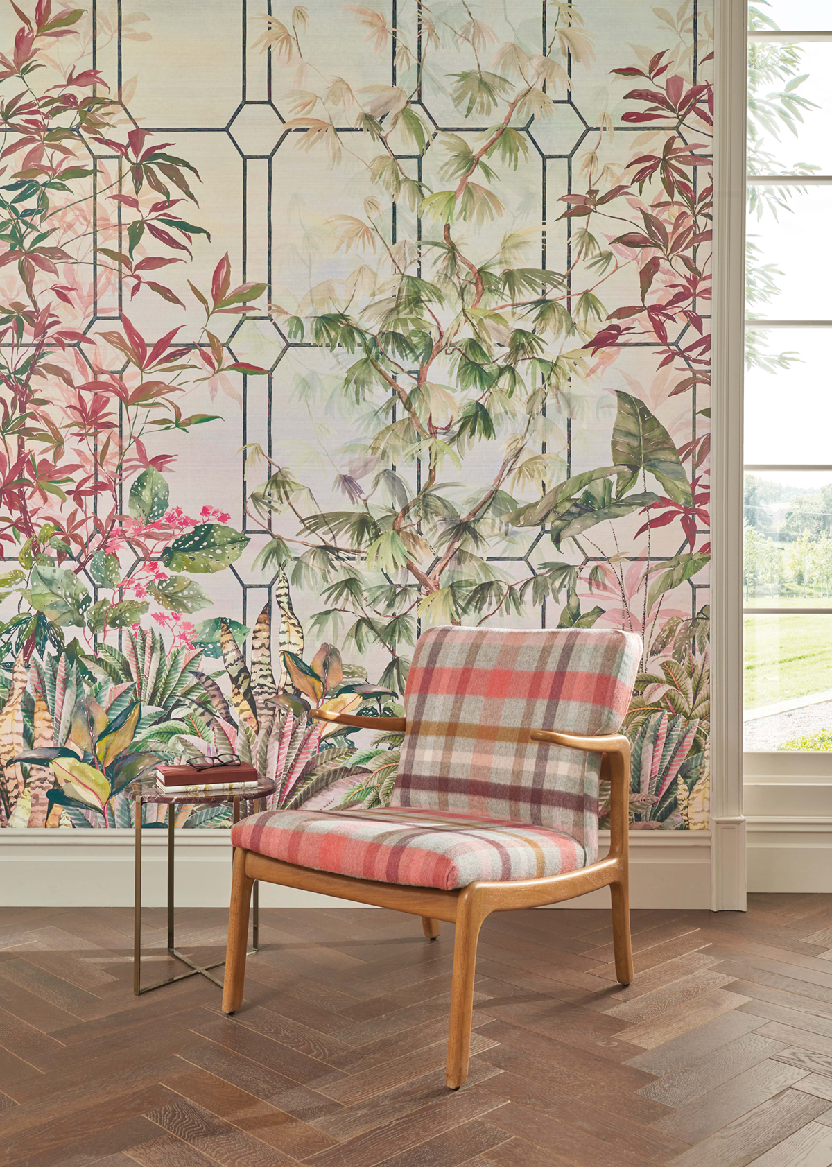 Papier peint panoramique Verrière Katsura Olive/Coral/Charcoal - Empyrea d'Osborne & Little AMB4 | Réf. OSB-W7611-01