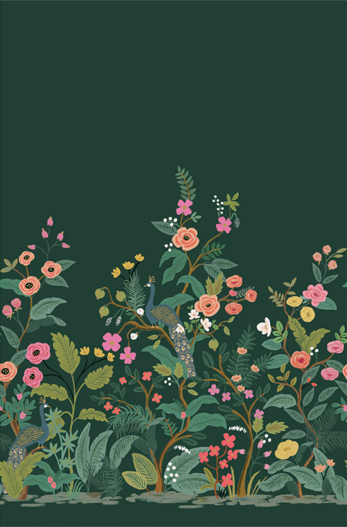 Papier peint panoramique Fleur Peacock vert - Rifle Paper Co. 3 de York (Initiales) | Réf. INI-RP7398M