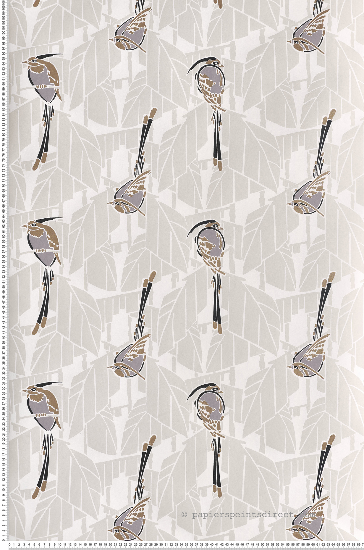 Papier peint Oiseau Graphique Kardinal beige métallisé - Folies de Masureel | Réf. MAS-FOL604