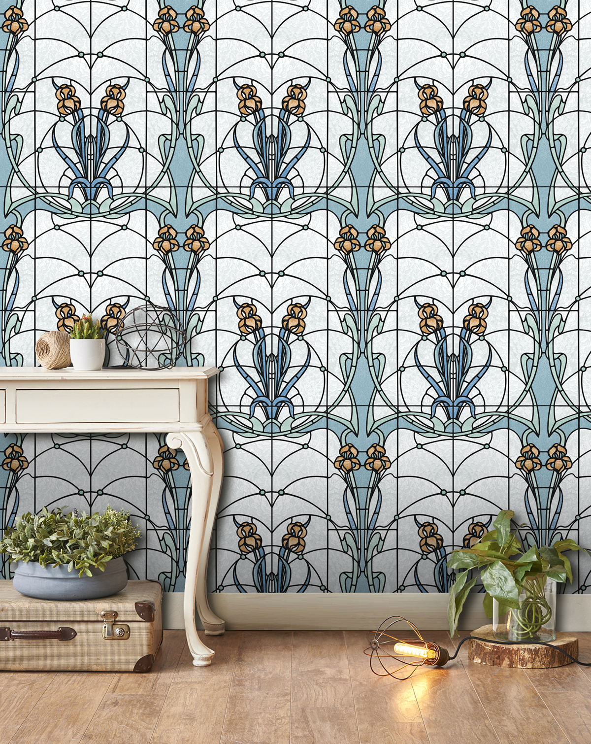 Papier Peint Vitrail Fleur bleu orange - Artifice d'Ugépa | Réf. UGP-M79301