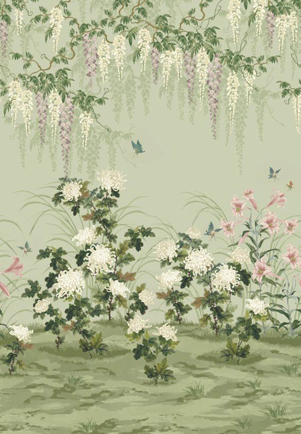 Papier peint panoramique Floral Wisteria Bloom vert amande - V&A Decorative Papers III d'Initiales | Réf. INI-2513-191-03