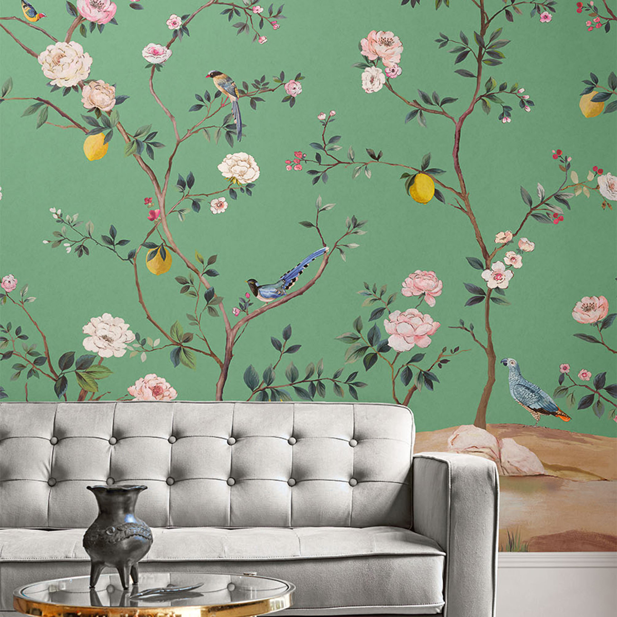 Papier peint panoramique Fleurs Vintage vert - Daisy Bennett d'Initiales AMB2 | Réf. INI-DB31804M